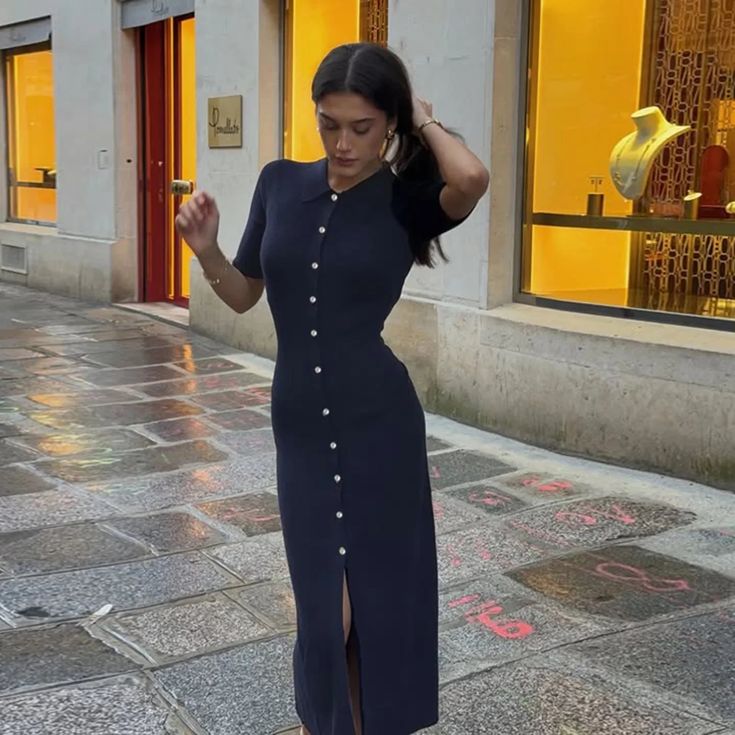 Knit Button-Down Midi Dress | Slim Lapel Office Outfit