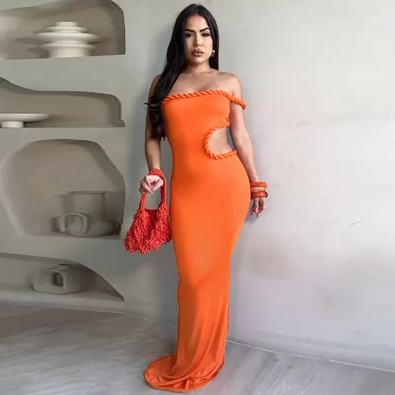 Off-Shoulder Orange Maxi Dress | Sleek Cut-Out Evening Look