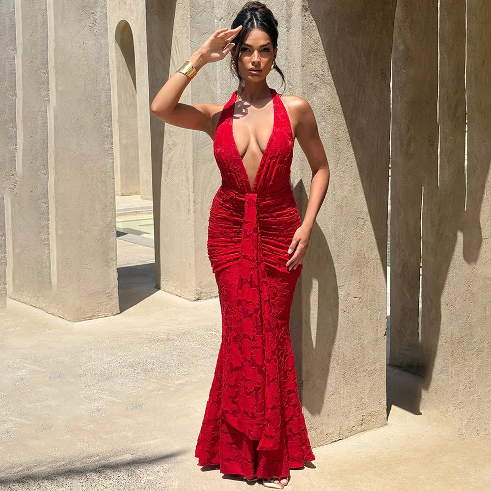 Red Halter Backless Maxi Dress | Elegant Empire Waist Gown