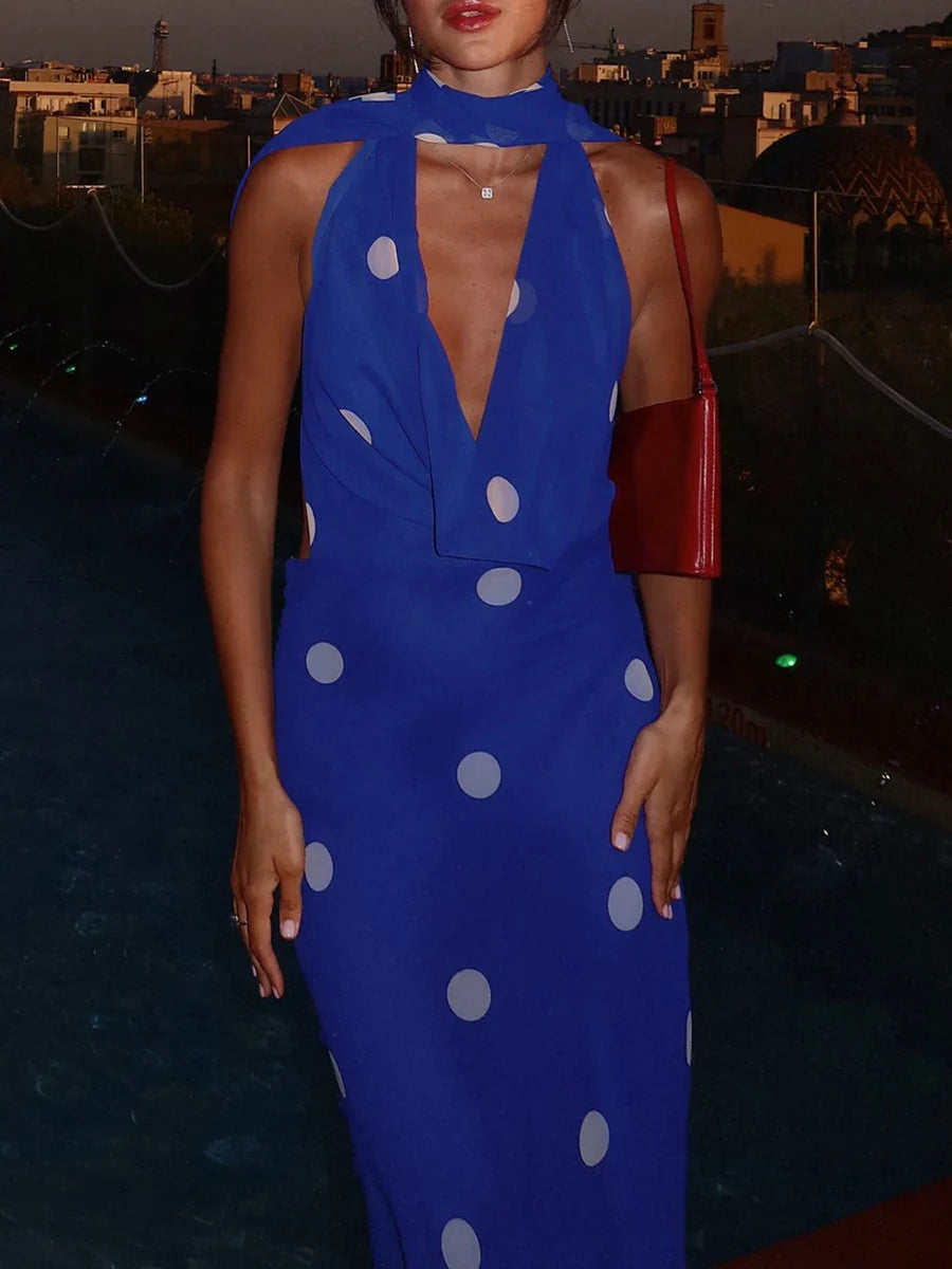 Blue Polka Dot Halter Maxi Dress | Vintage Summer Waterfront Edit