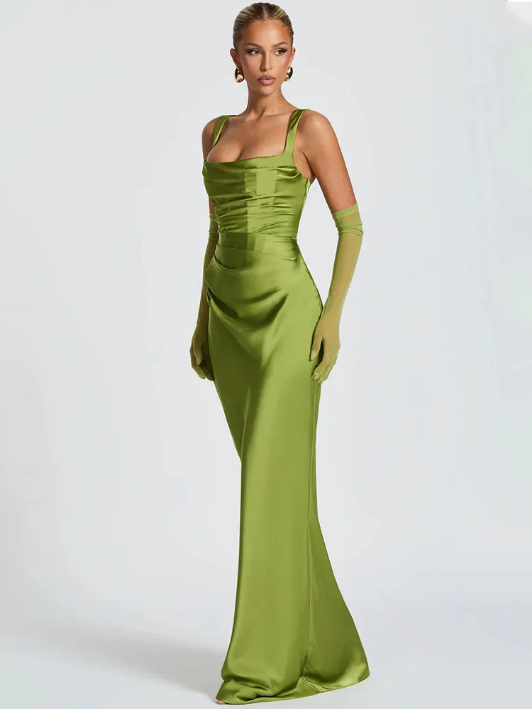 Green Square-Neck Gown with Gloves | Elegant Ankle-Length Dress