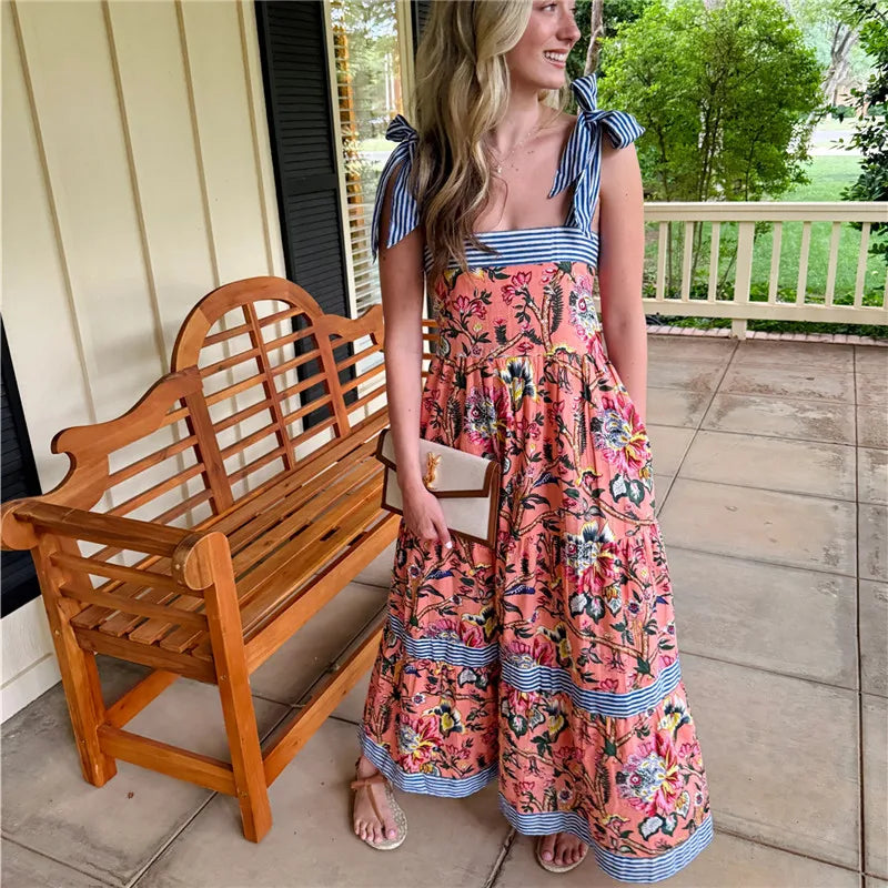 Boho Floral Maxi Dress | Tie-Shoulder Vintage Summer Sundress