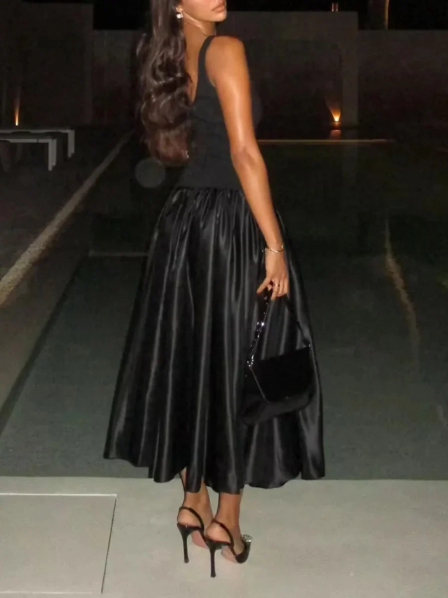 Black Square Neck Midi Dress | Sleeveless Minimalist Gown Look