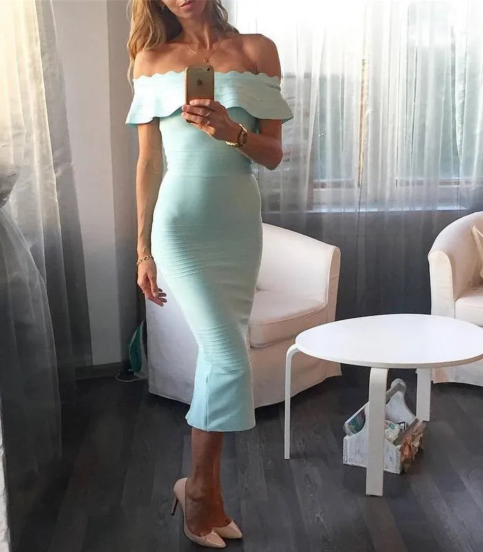 Blue Ruffle Off-Shoulder Bandage Midi Dress | Sculpted Guest Look