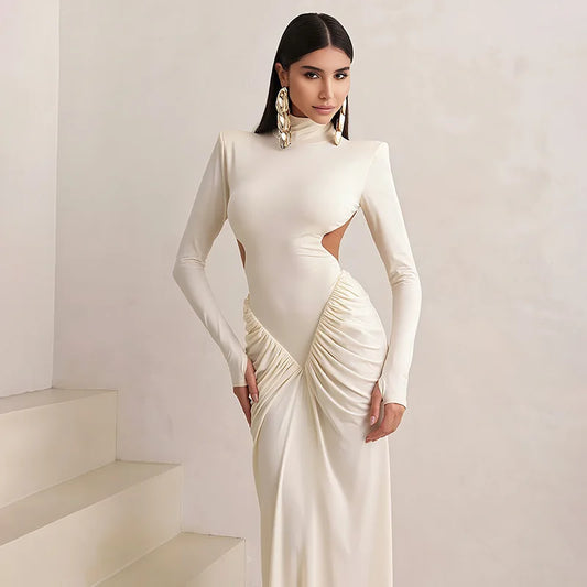 White Cutout Turtleneck Gown | Sculpted Knit Winter Luxe
