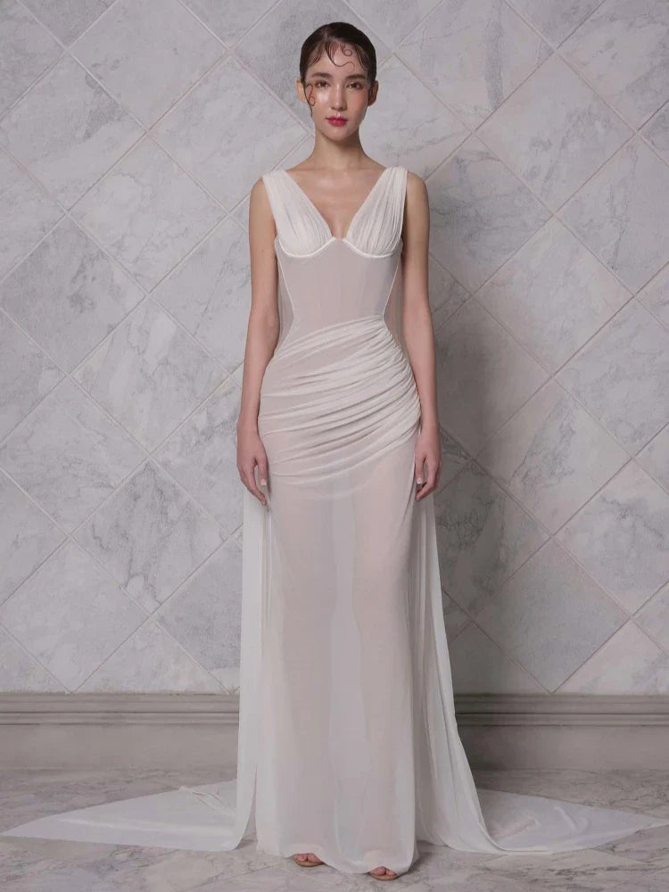 White Draped Bustier V Neck Maxi Dress | Sleeveless Floor-Length Gown