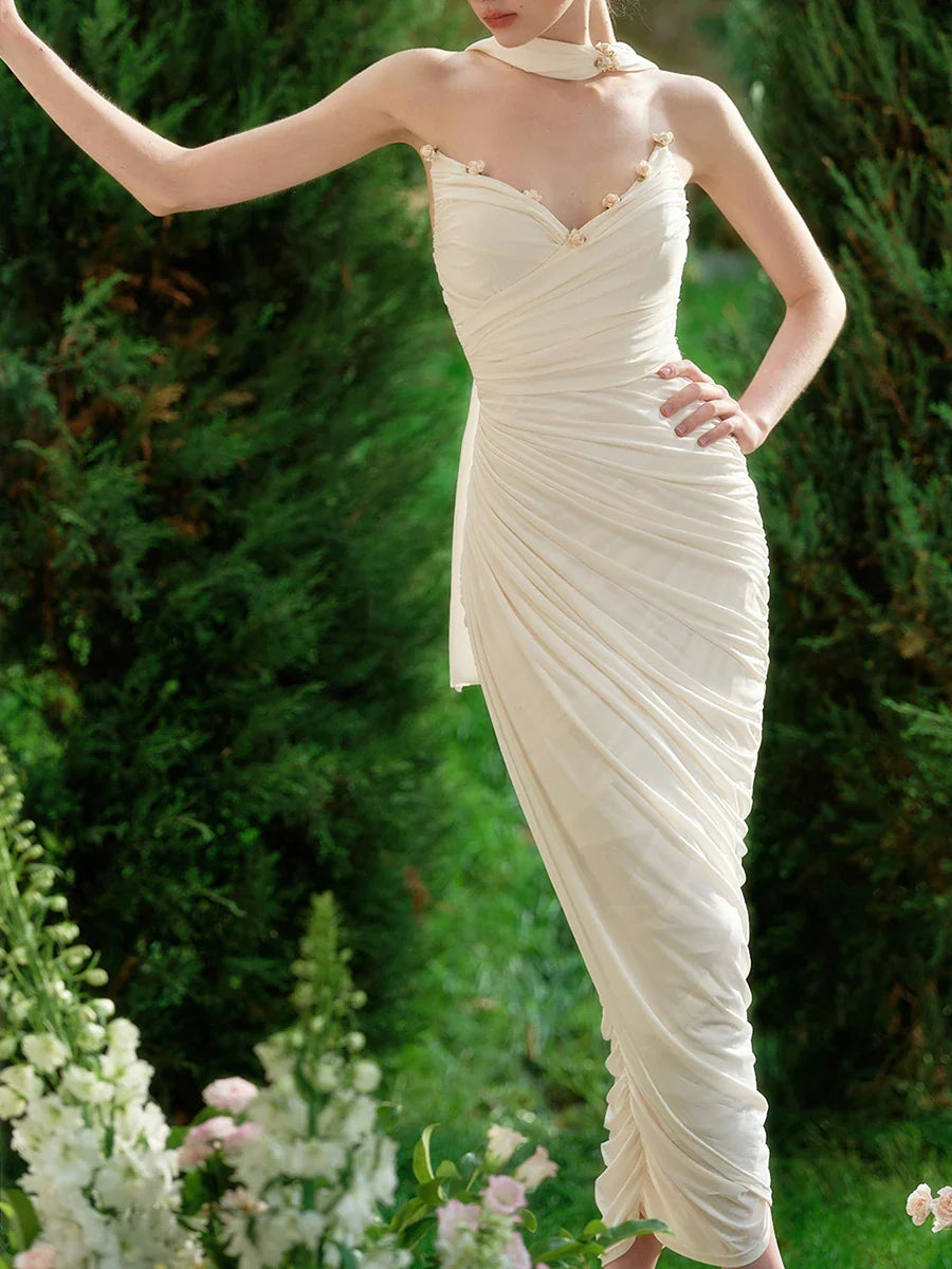 White Draped Pleated Midi Dress with Flower Trim