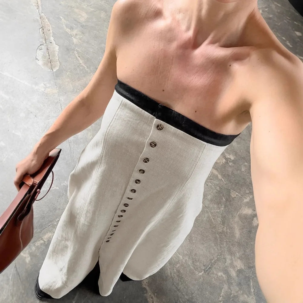 Minimalist White Strapless Maxi | Black Trim & Linen Comfort