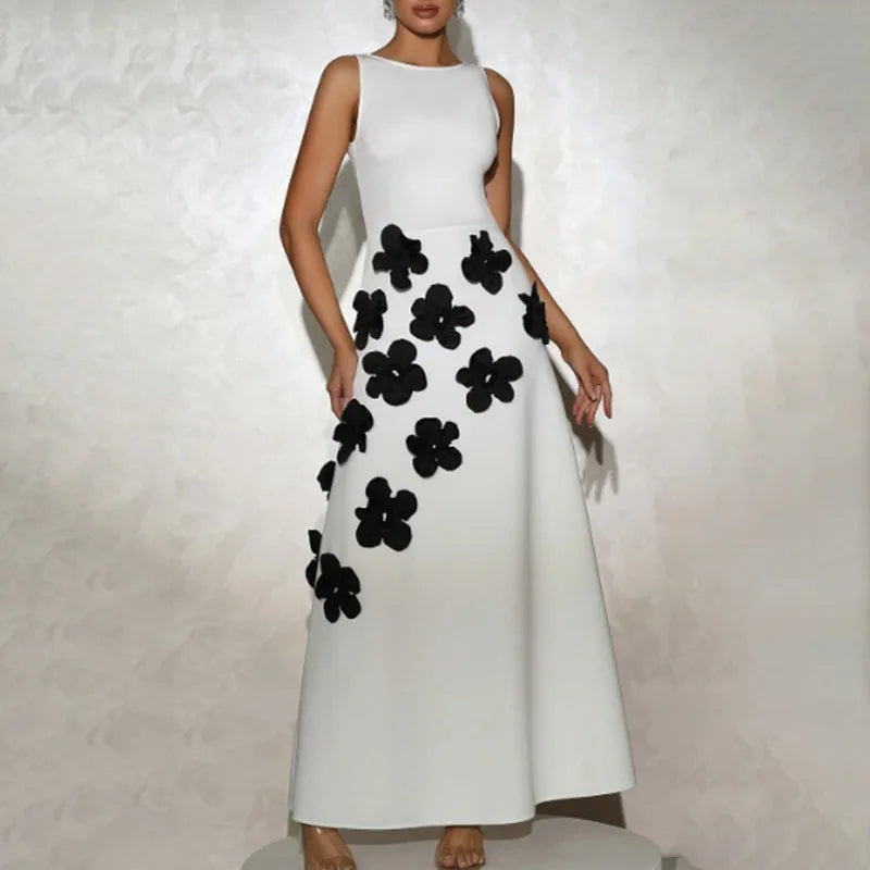 White Floral Embroidered Maxi Dress | Black 3D Flower Detail