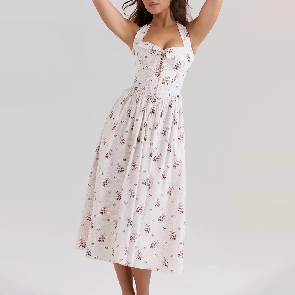 White Floral Lace-Up Square Neck Midi Dress