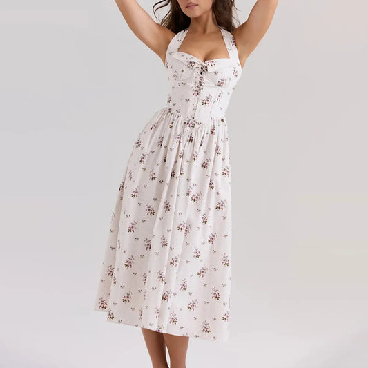White Floral Lace-Up Square Neck Midi Dress