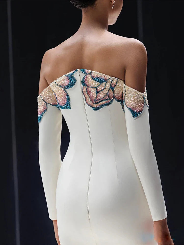 White Off-Shoulder Sequin Beaded Maxi Dress