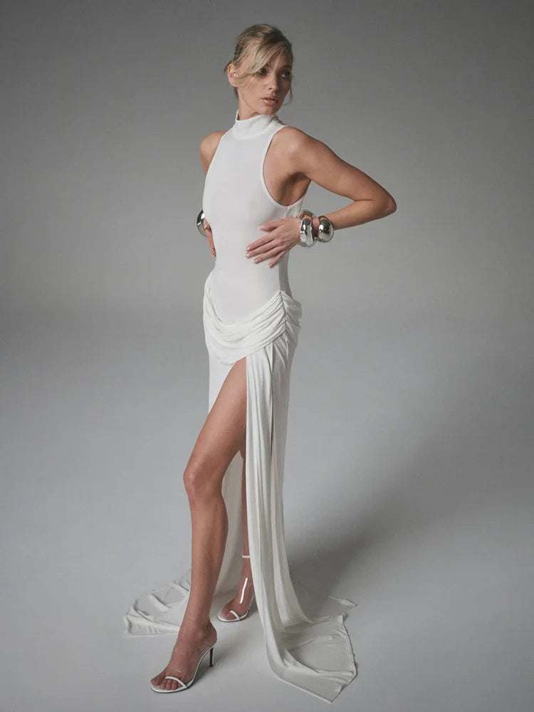White High Slit Turtleneck Gown | Modern Sleek Evening Dress
