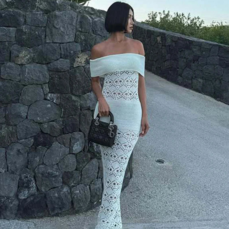 Off Shoulder Crochet Knit Maxi Dress | Summer Waist-Cinching Resort Style