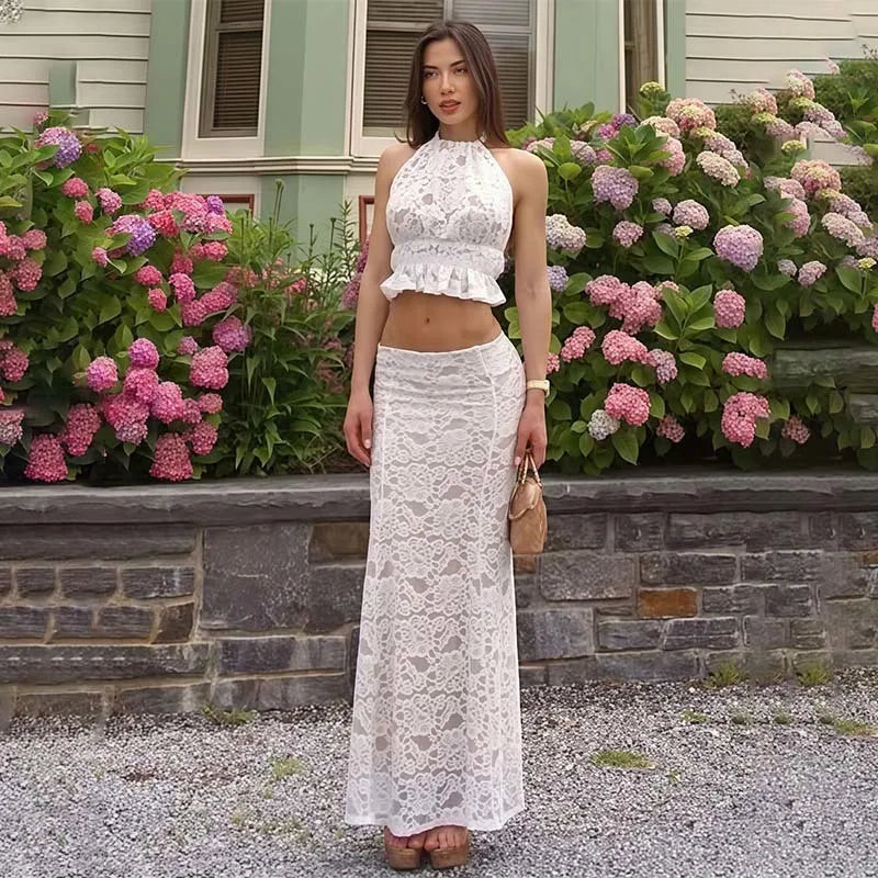 White lace two-piece co-ord styled for summer outdoor events