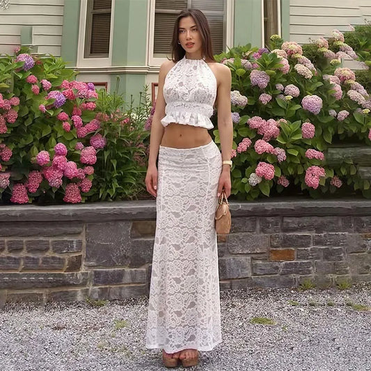 White lace two-piece co-ord styled for summer outdoor events
