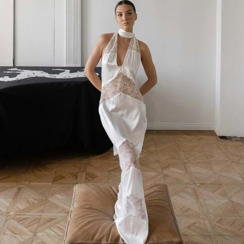 Halter Lace Patchwork Maxi Dress