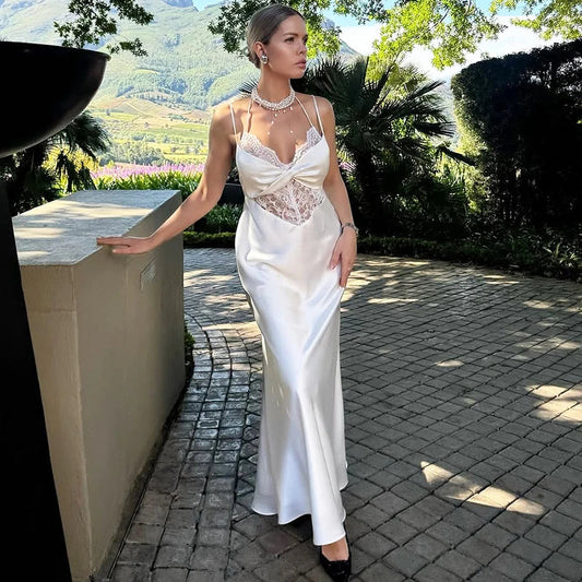 White Lace Backless Maxi Dress | High Waist Sling Evening Gown