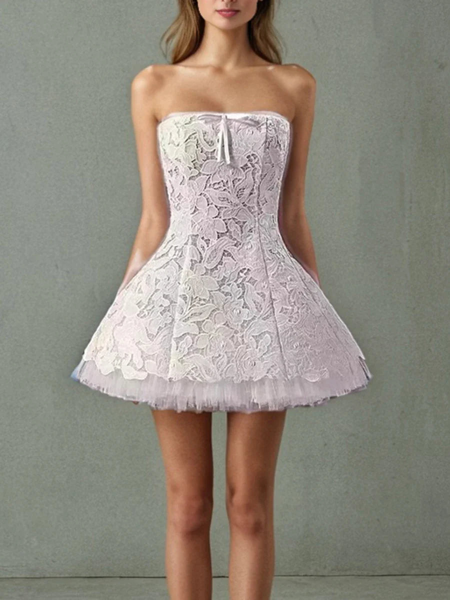 White Lace Strapless Mini Dress | Elegant Mesh Patchwork Look