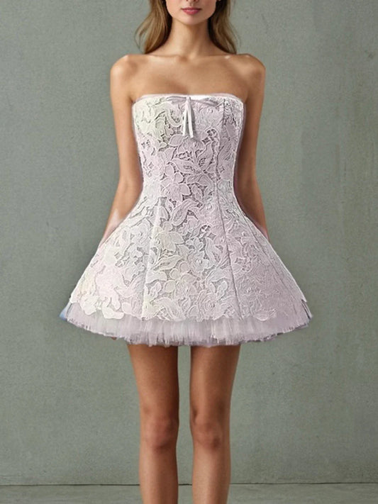 White Lace Strapless Mini Dress | Elegant Mesh Patchwork Look