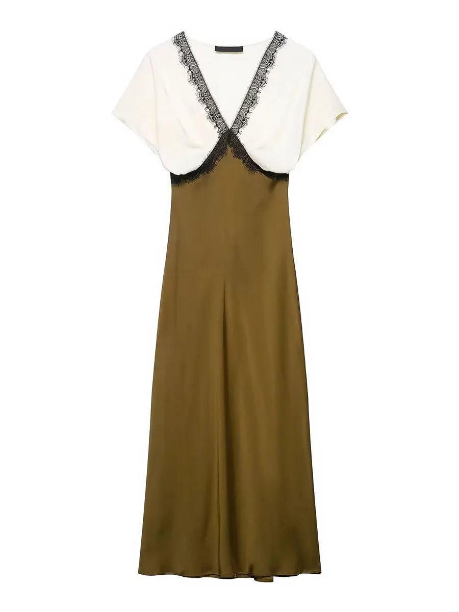 White and mustard patchwork midi dress perfect for layered fall styling