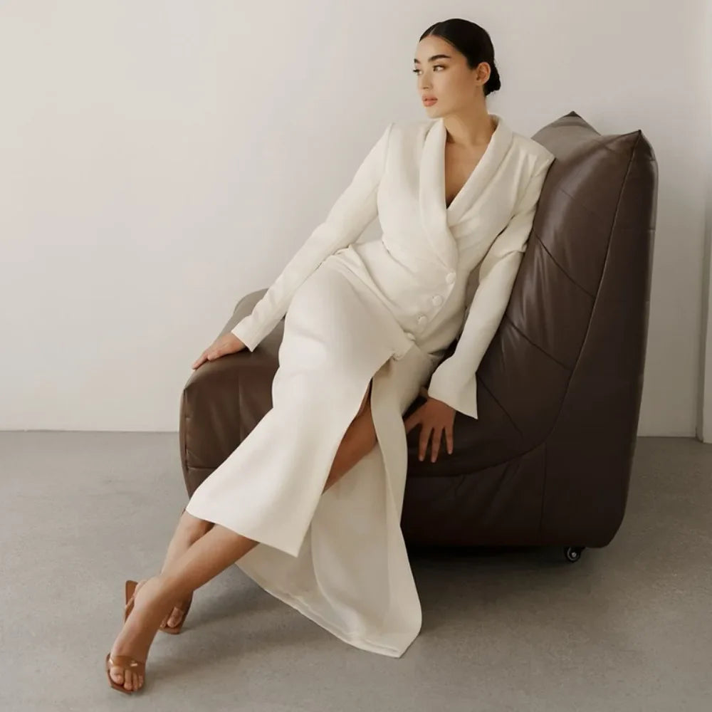 White Notched Collar Maxi Coat Dress | Minimal Tailored Elegance