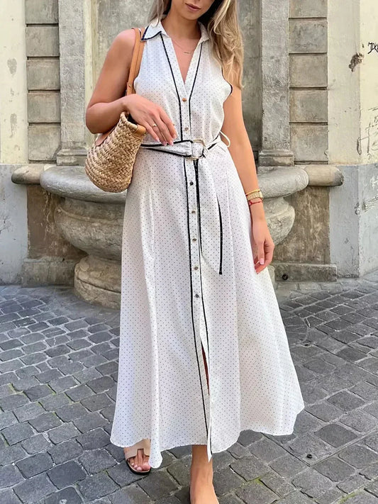 White Polka Dot Belted Maxi Dress | Sleeveless Collared Resort Look