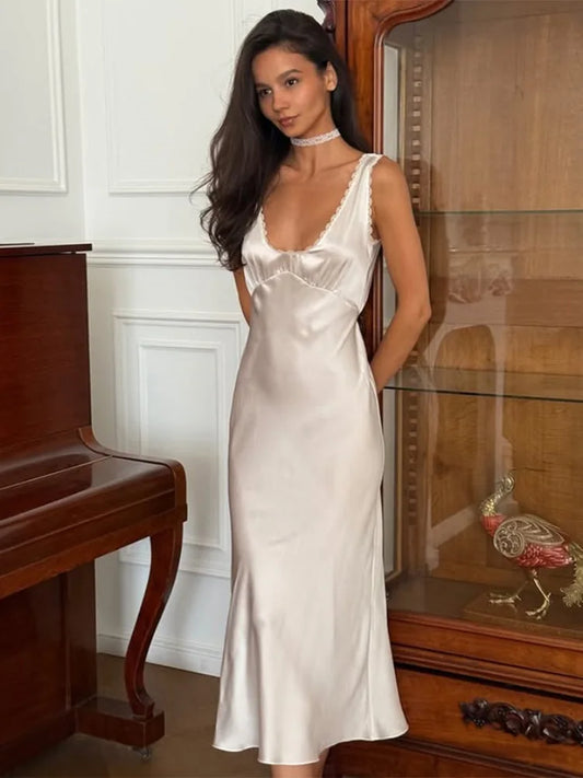 White Satin V-Neck Lace Slip Dress | Elegant Summer Party Wear