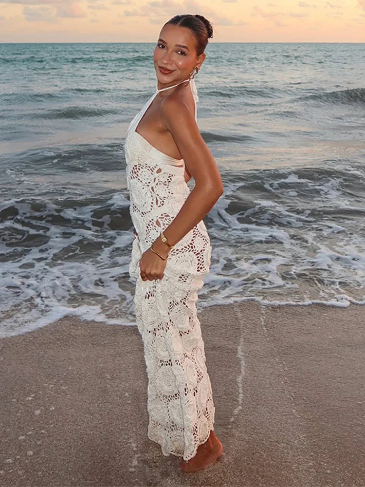 White Crochet Halter Backless Beach Maxi Dress