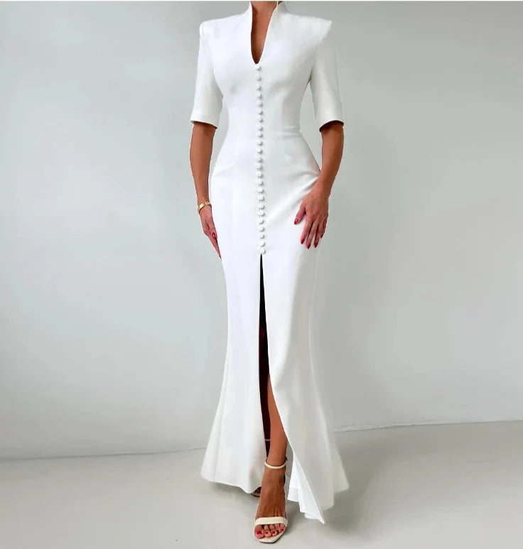 Chic  V-Neck Fishtail Dress – Shoulder Pad Slit Evening Gown