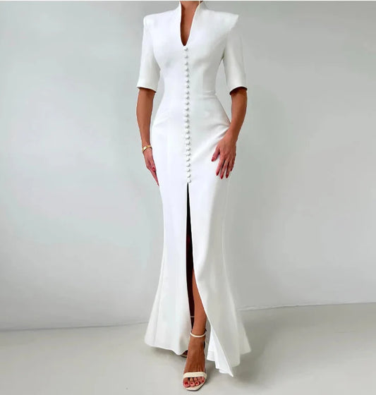 Chic  V-Neck Fishtail Dress – Shoulder Pad Slit Evening Gown