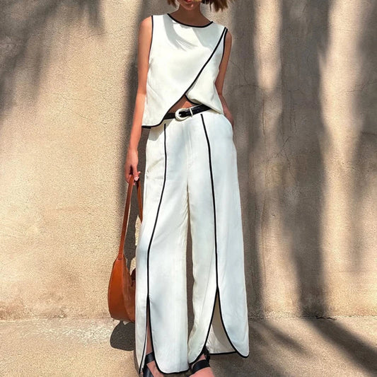 White Contrast Vest & Wide-Leg Trouser Set | Effortless Modern Outfit