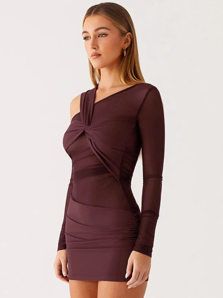 Ruched Inclined Shoulder Mini Dress