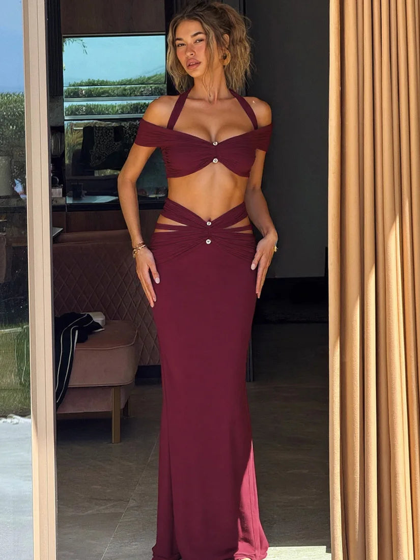 close view of ruched waist cutouts on burgundy matching set