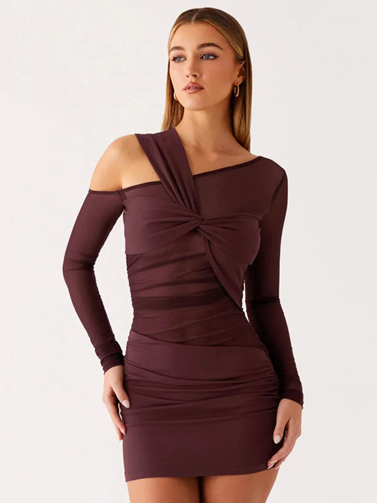 Ruched Inclined Shoulder Mini Dress