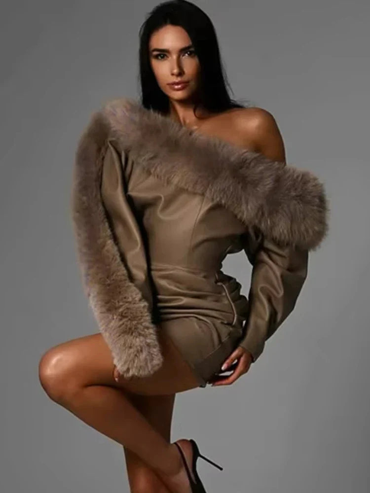 Beige Faux Leather Fur Mini Dress | Luxe Winter Statement