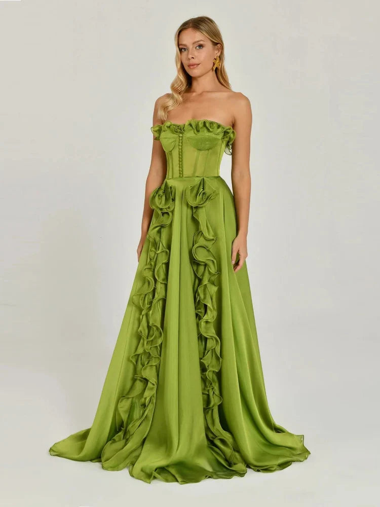 Strapless Ruffle Maxi Dress | Women’s Lace-Up Split Floor-Length Evening Gown