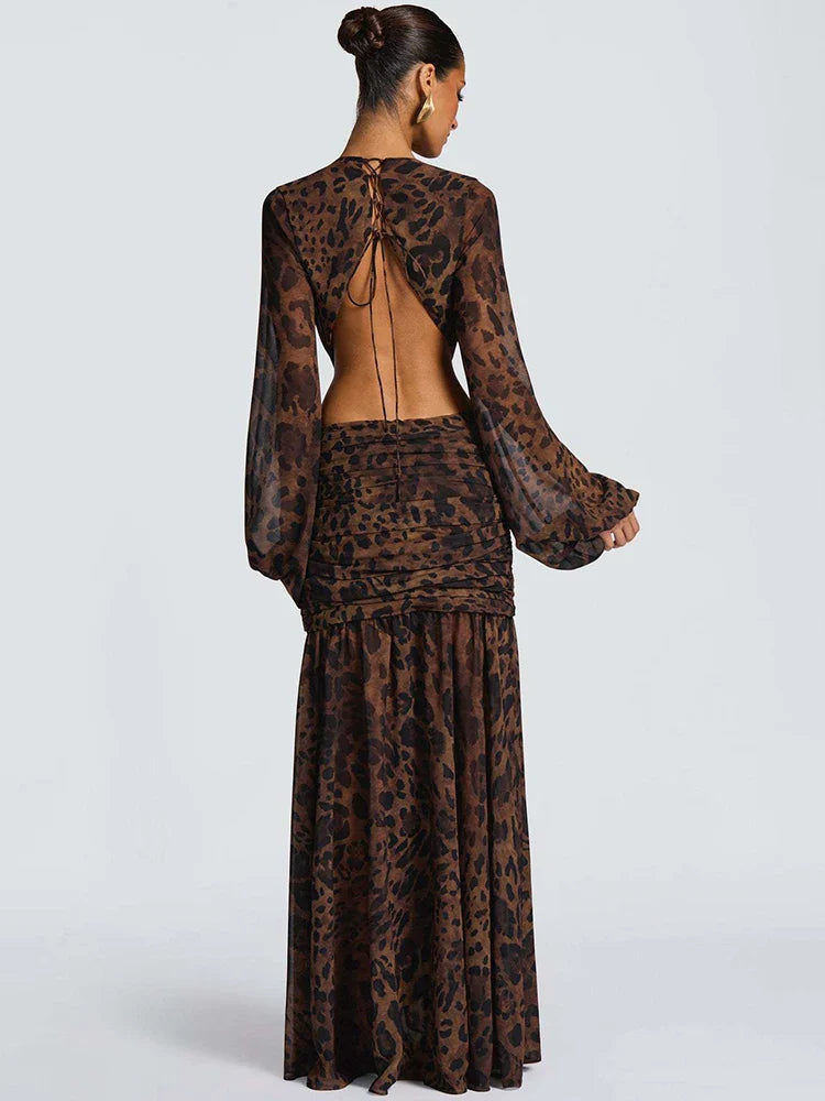 Leopard Print Backless Ruched Maxi Dress