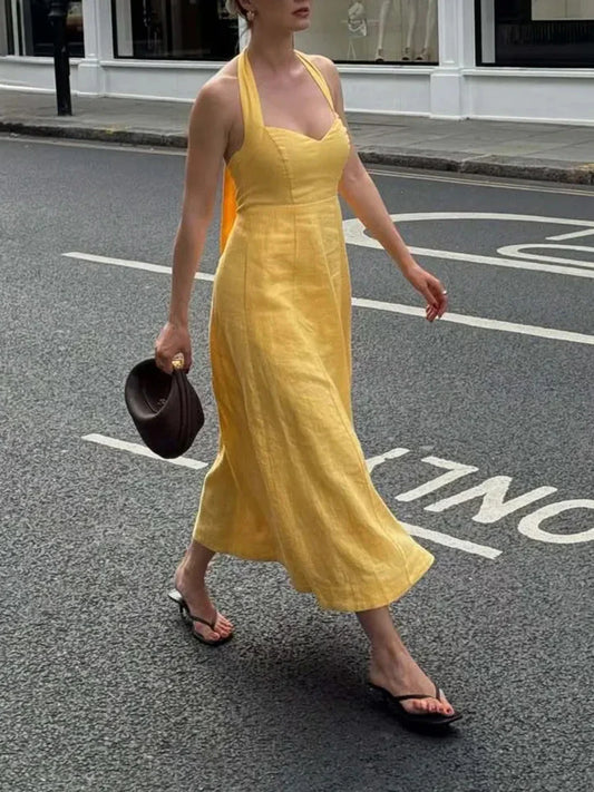 Yellow Halter Midi Dress | French-Inspired Backless Summer Look