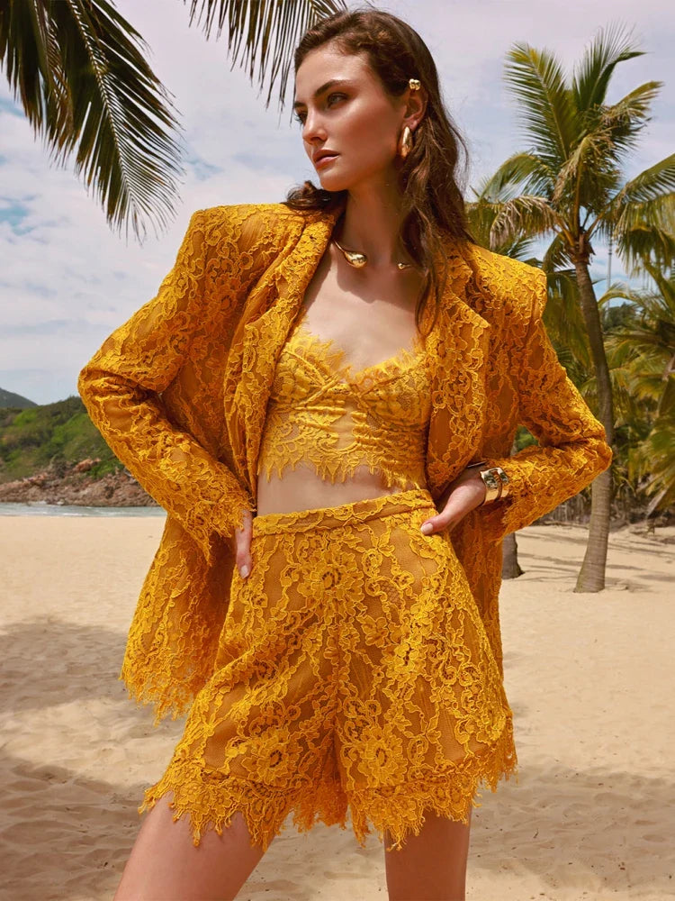 Yellow Lace 3-Piece Suit Set | Blazer, Top & Shorts Evening Wear