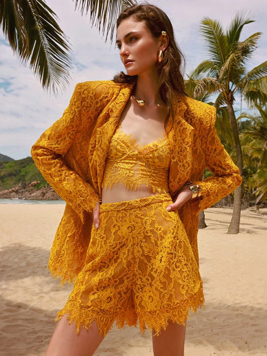 Yellow Lace 3-Piece Suit Set | Blazer, Top & Shorts Evening Wear