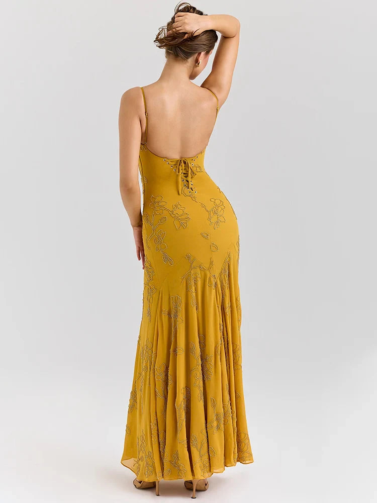 Mustard Beaded Spaghetti Strap Backless Maxi Dress – Elegant