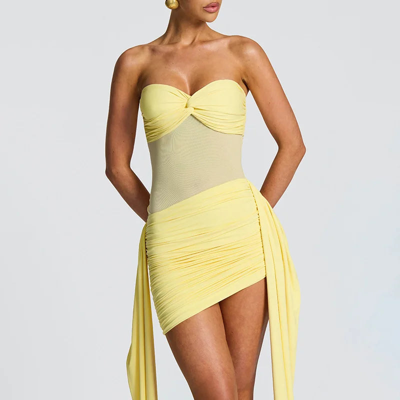 Strapless Mini Dress | High Slit Ruched Clubwear