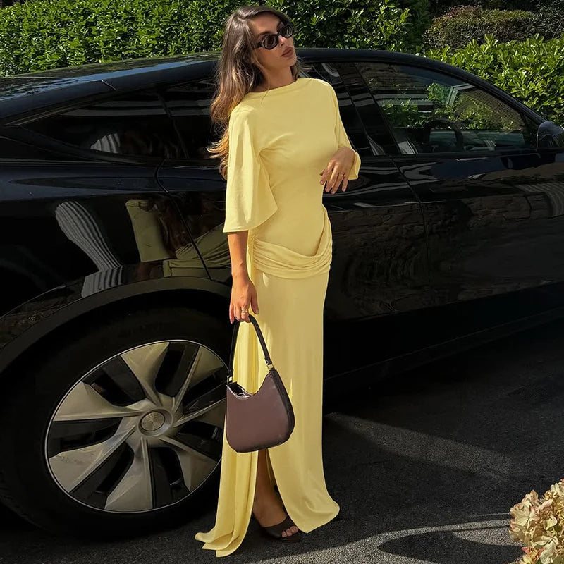 Ruched Yellow Maxi Dress | Draped Open Back Occasionwea