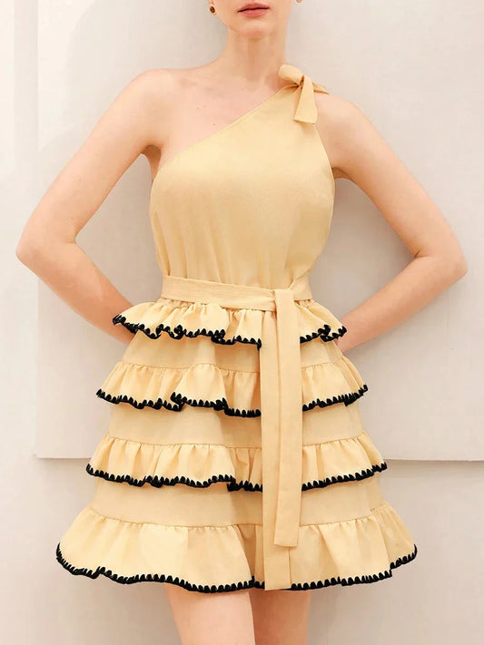 Yellow One-Shoulder Ruffle Dress | Tiered Mini for Summer Parties