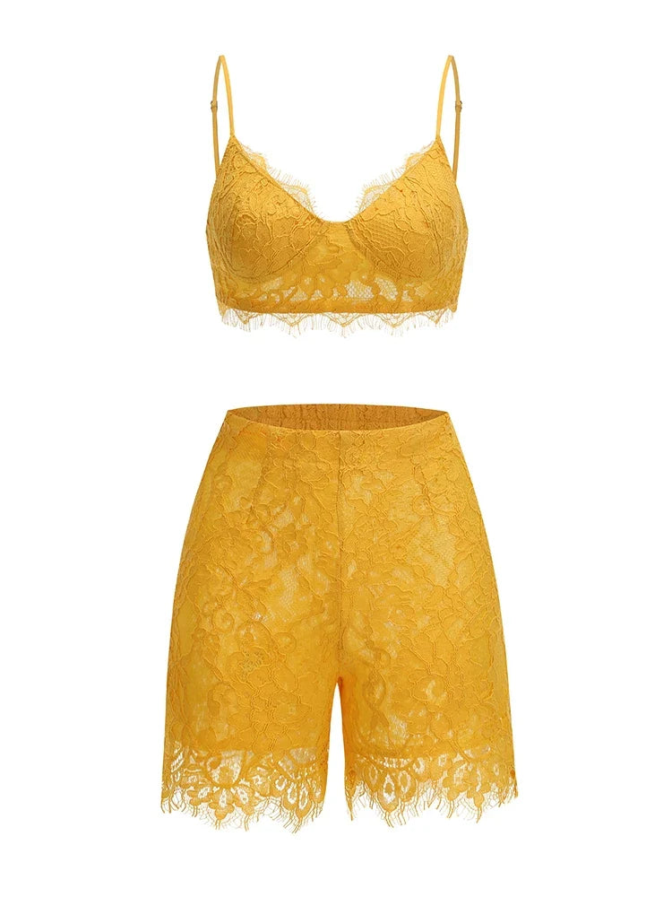 Yellow Lace 3-Piece Suit Set | Blazer, Top & Shorts Evening Wear
