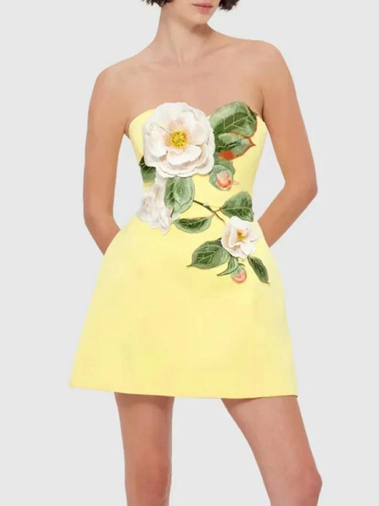 Yellow Strapless Embroidered Floral Mini Dress