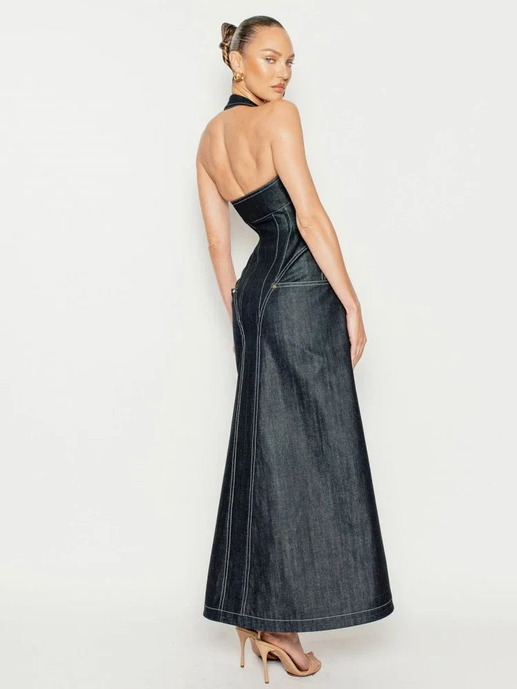 Denim Halter Neck Backless Maxi Dress